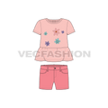 Toddler girls tee and shorts set, peplum flat sketch, front view