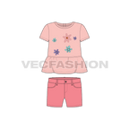 Toddler girls tee and shorts set, peplum flat sketch, front view