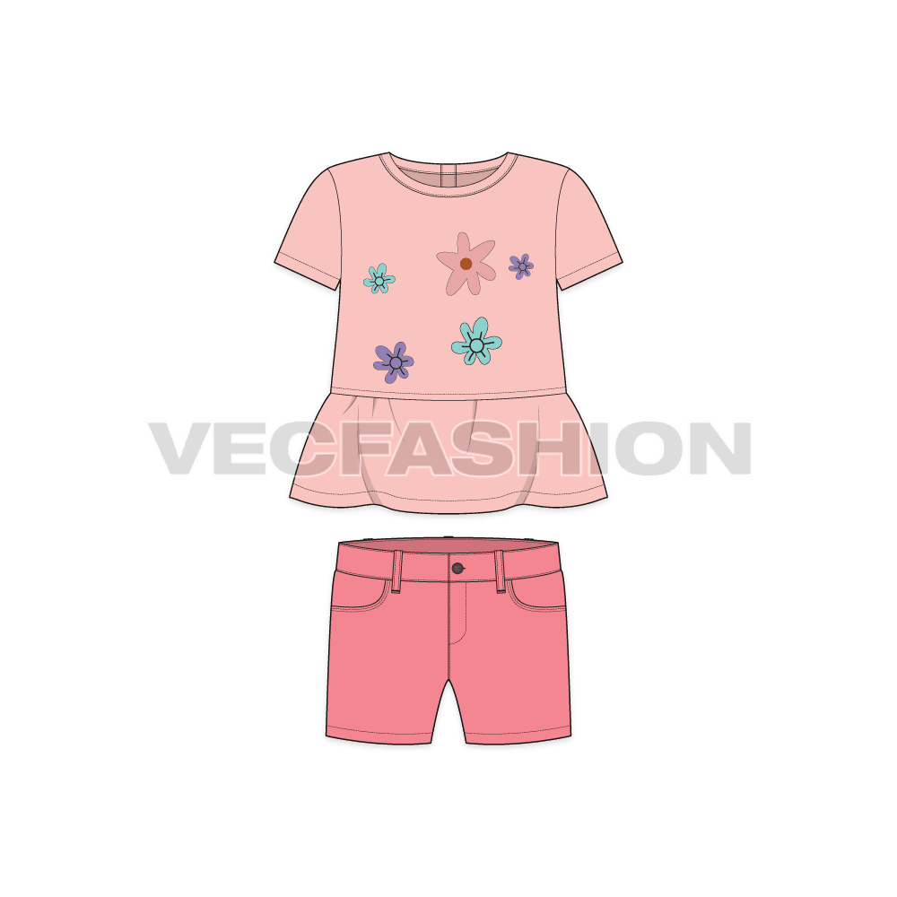 Toddler girls tee and shorts set, peplum flat sketch, front view