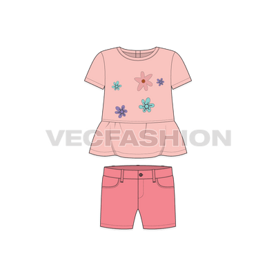 Toddler girls tee and shorts set, peplum flat sketch, front view
