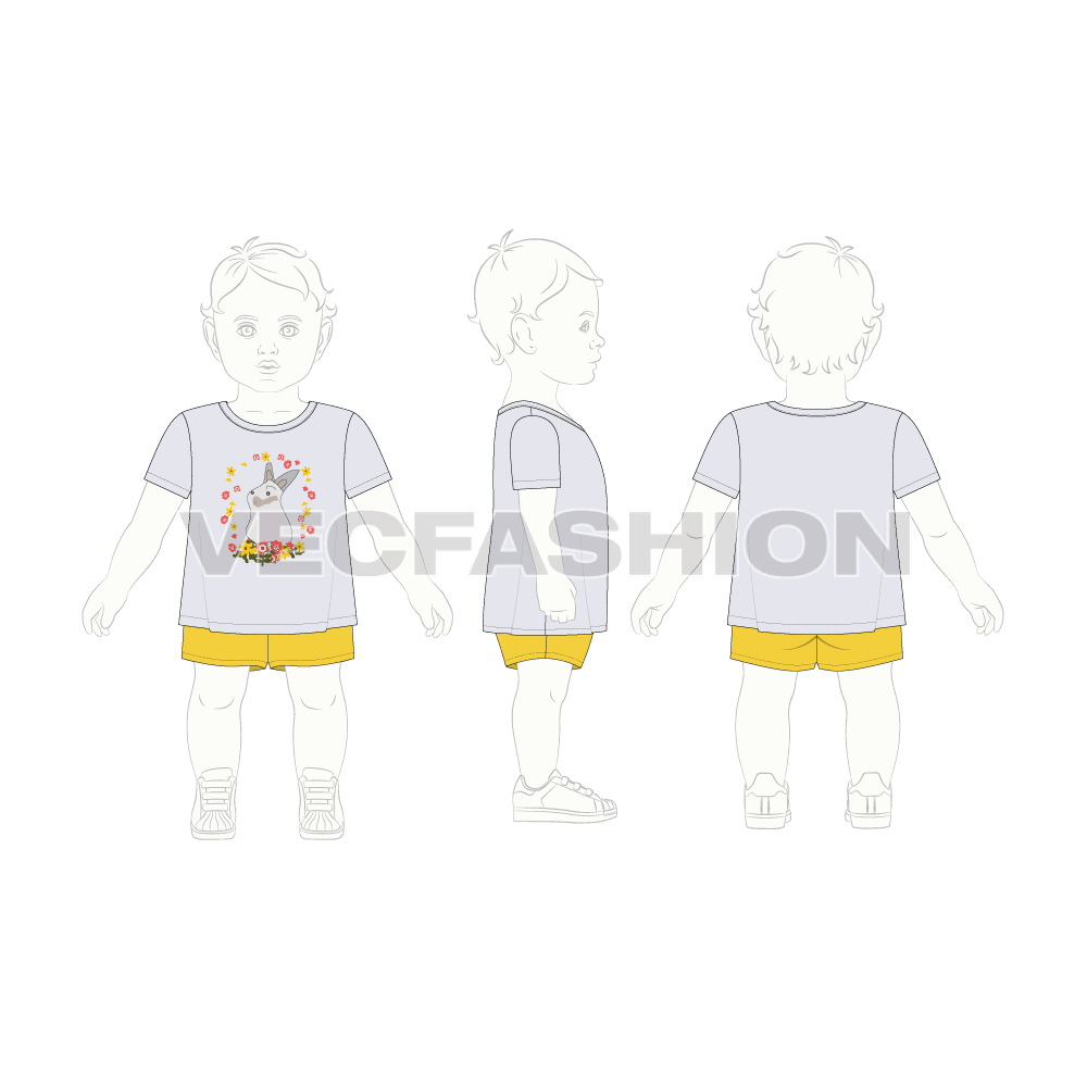 Toddler girls tee and shorts set, a-line flat sketch, croqui sketch