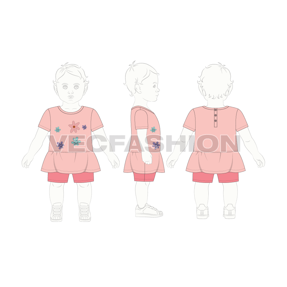 Toddler girls tee and shorts set, peplum flat sketch, croqui sketch
