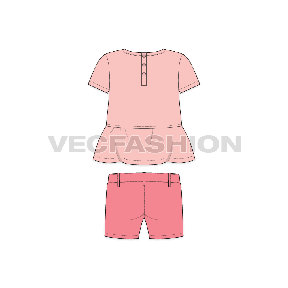 Toddler girls tee and shorts set, peplum flat sketch, back view