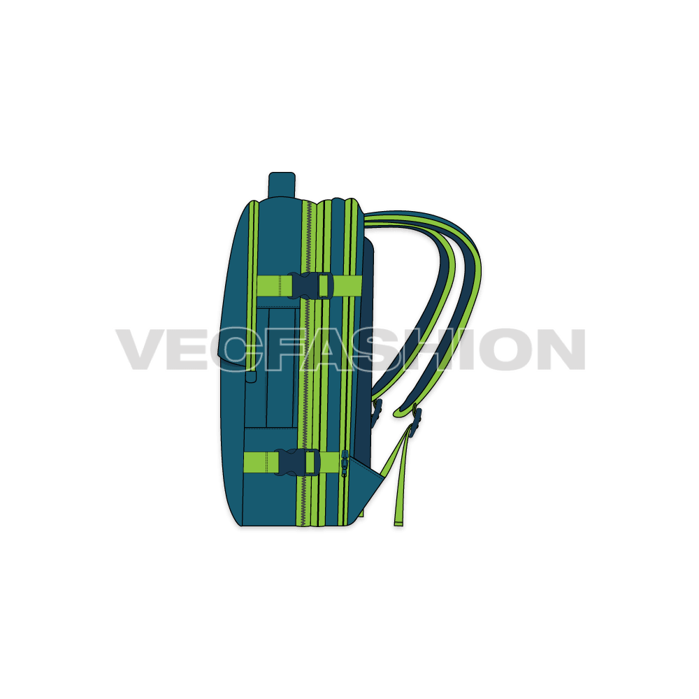 A vector illustrator cad of a Travel Backpack. It is colored in deep aqua turquoise color with contrast neon colored trims.