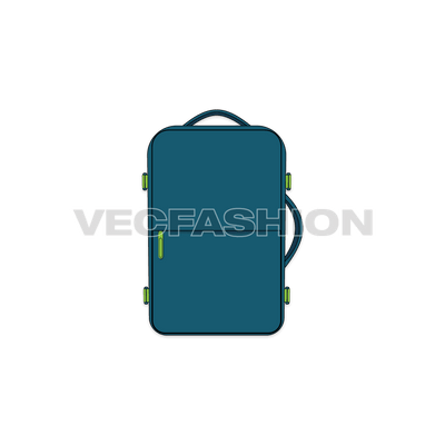 A vector illustrator cad of a Travel Backpack. It is colored in deep aqua turquoise color with contrast neon colored trims.