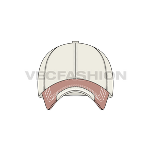 A vector flat sketch template of Vintage Style Hat. It is illustrated in four views, the top is in light stone color with. contrast colored brim and contrast colored stitching in white.