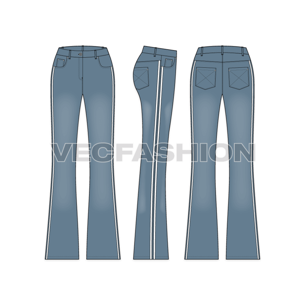Womens baggy pullover sweater flat sketch, denim jeans bottom