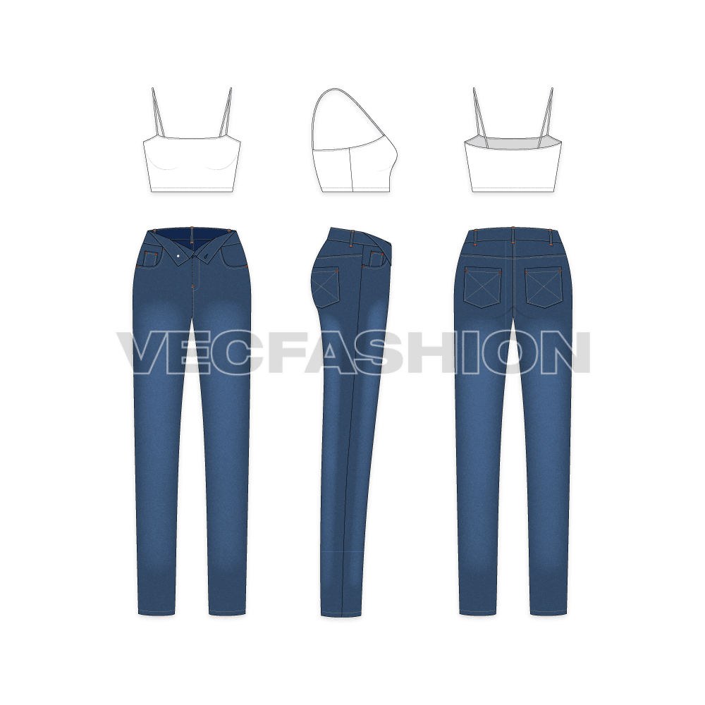 Women Denim Jeans With camisole top flat sketch