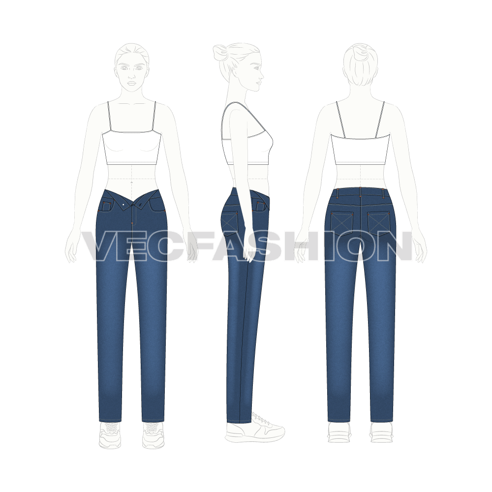 Women Denim Jeans With Undone Look - on body template