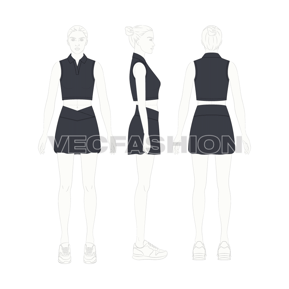 Womens gym skort flat sketch, croqui sketch