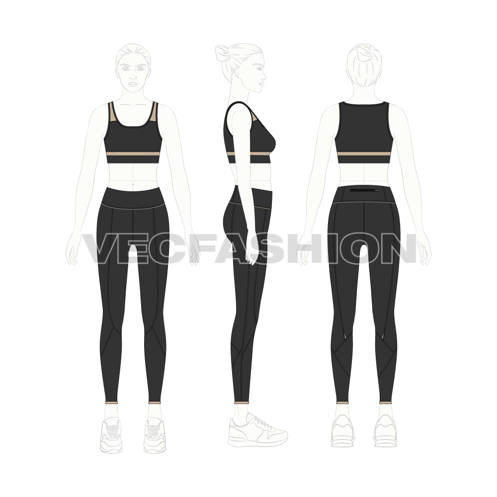 Women gym suit flat sketch, on croqui
