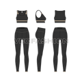 Women gym suit flat sketch, showing all views, front, side and back