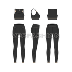Women gym suit flat sketch, showing all views, front, side and back