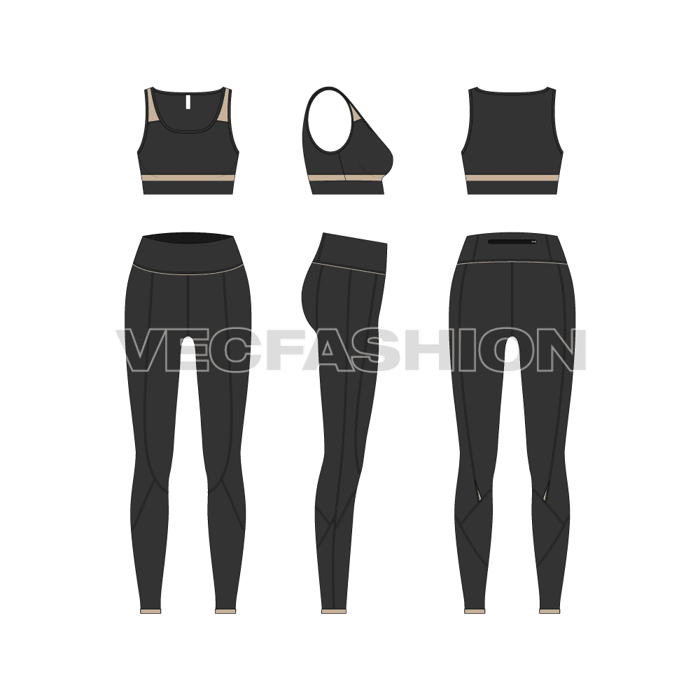Women gym suit flat sketch, showing all views, front, side and back