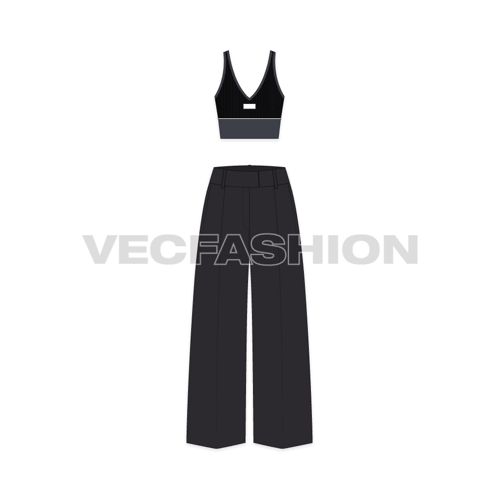 Womens high waisted pants flat sketch, front view