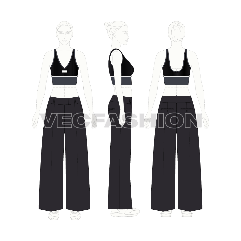 Womens high waisted pants flat sketch, croqui sketch