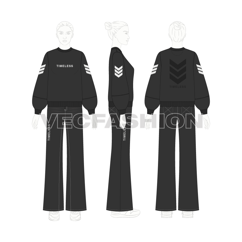 Women lose fit sweatshirt set flat sketch, croqui sketch