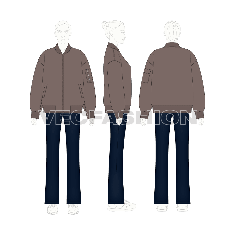 Women Oversized Bomber Jacket flat sketch, croqui sketch