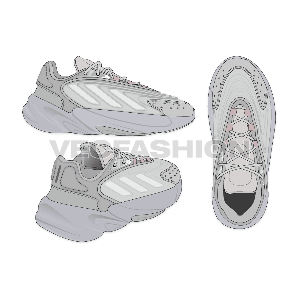 Women running sneakers, light gray flat sketch, view 1