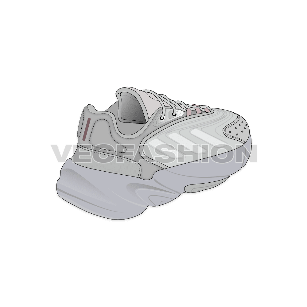 Women running sneakers, light gray flat sketch, view 4