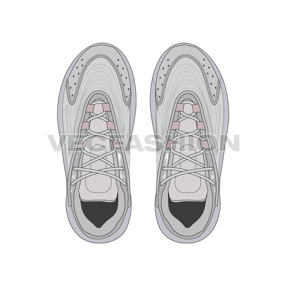 Women running sneakers, light gray flat sketch, view 3