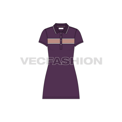 A vector illustrator clothing fashion template for Women's A line Polo Shirt Dress. It is rendered in purple color with cut n sew panel on chest with contrast colored piping. The collar is ribbed with button placket. 