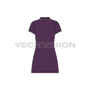 A vector illustrator clothing fashion template for Women's A line Polo Shirt Dress. It is rendered in purple color with cut n sew panel on chest with contrast colored piping. The collar is ribbed with button placket. 
