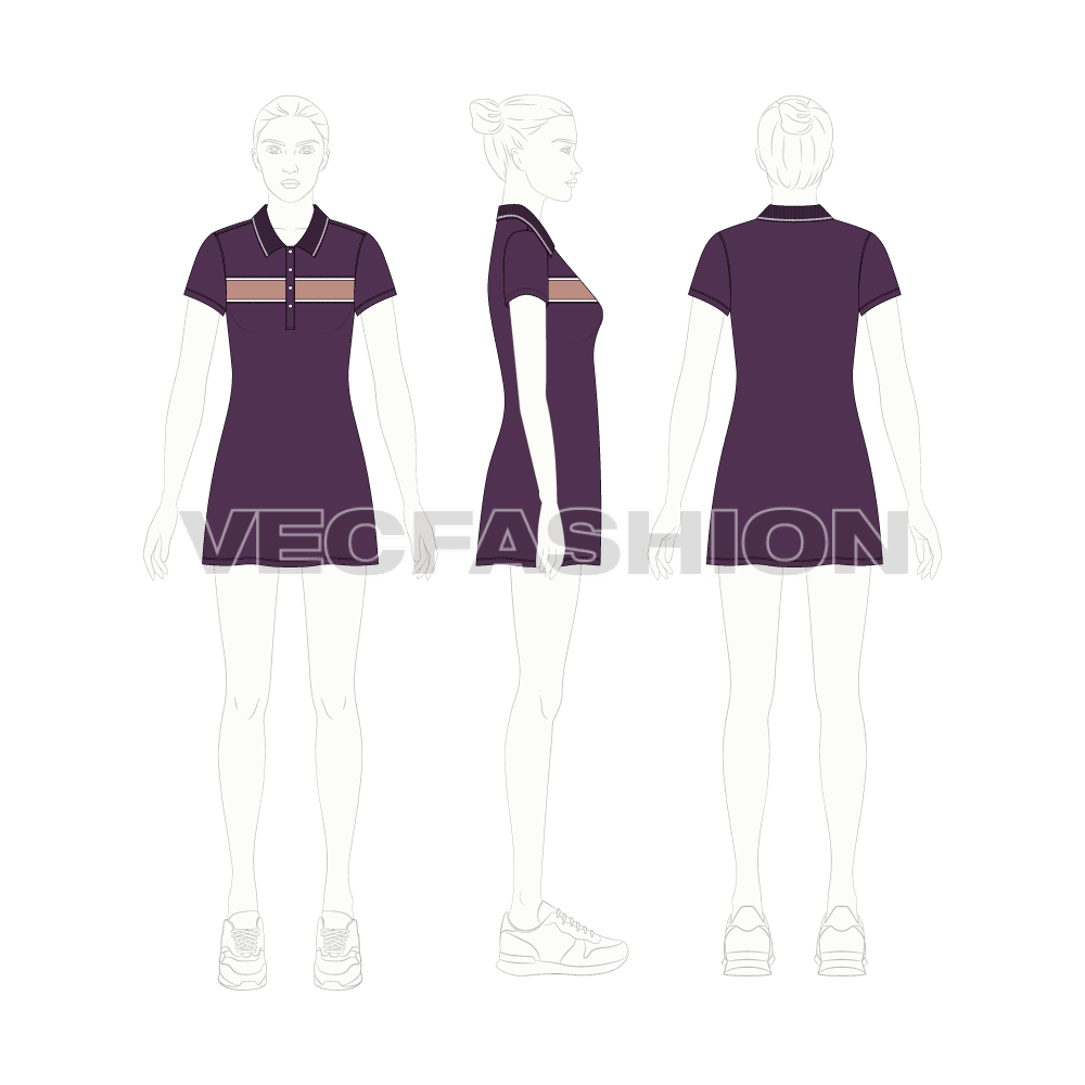 Womens a line polo shirt dress flat sketch, croqui sketch