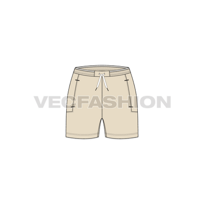 A vector fashion sketch template of Women's Active Wear Shorts. It is a straight fit shorts with tech waistband, gives a very comfortable fitting. There are straight cut pockets on sides with zippers for enclosure with contrast colored trims. 