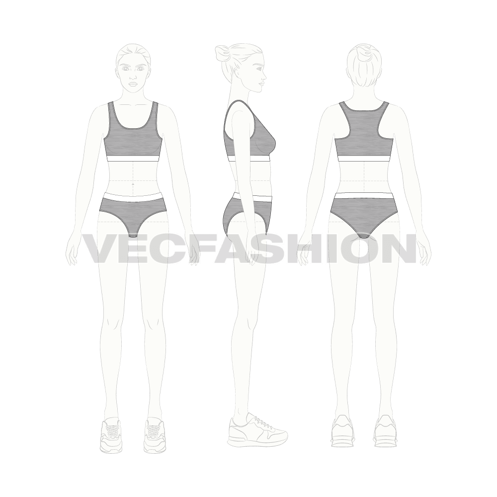 Womens activewear sport set flat sketch, on croqui