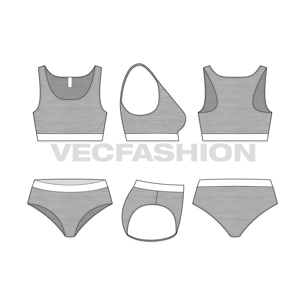 Womens activewear sport set flat sketch, showing all views, front, side and back