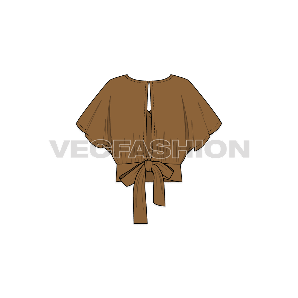 Womens asymmetrical overlapping crop top flat sketch, back view