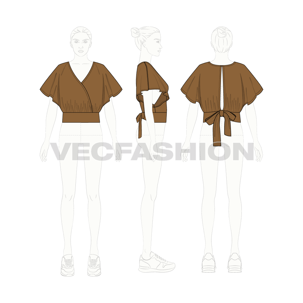 Womens asymmetrical overlapping crop top flat sketch, croqui sketch