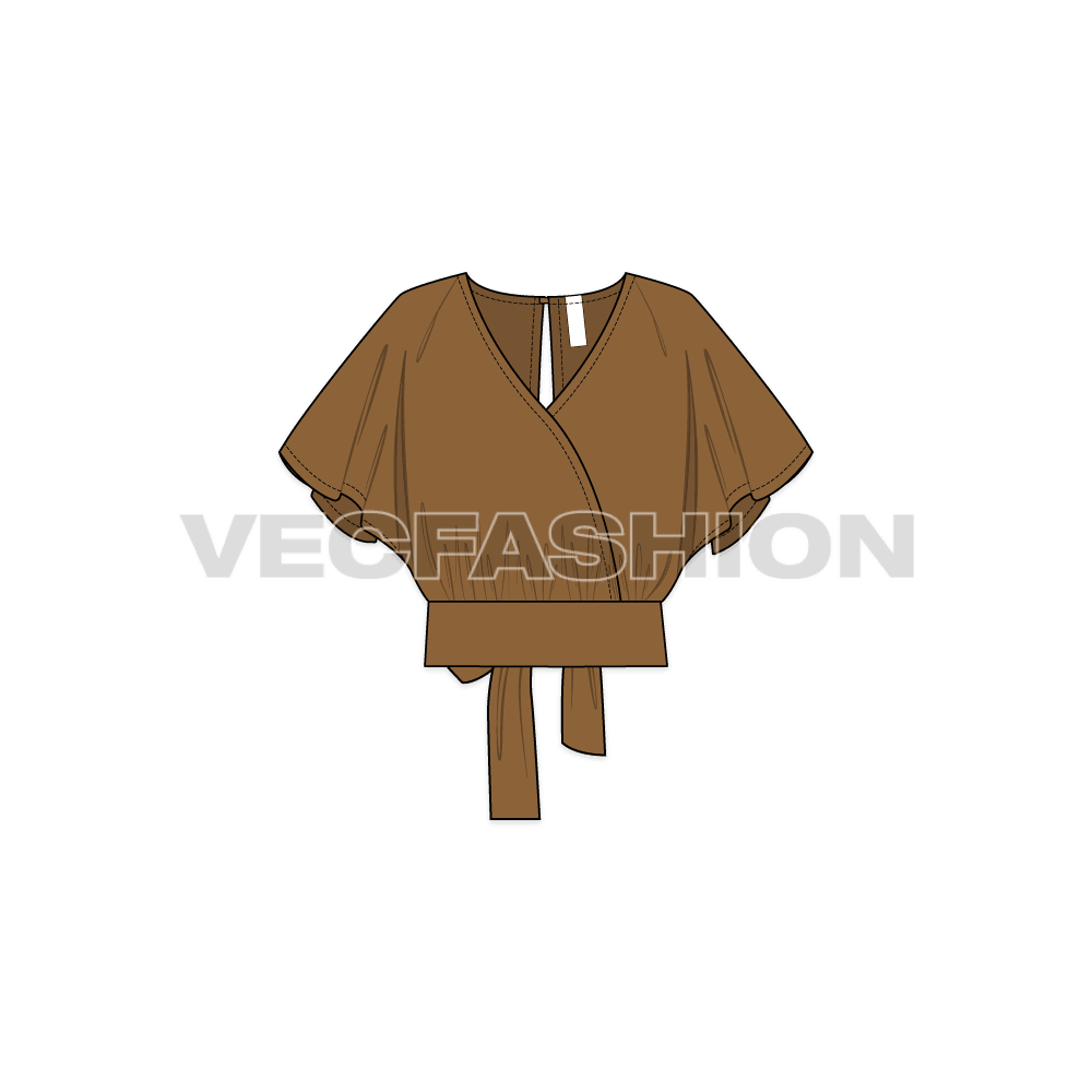 Womens asymmetrical overlapping crop top flat sketch, front view