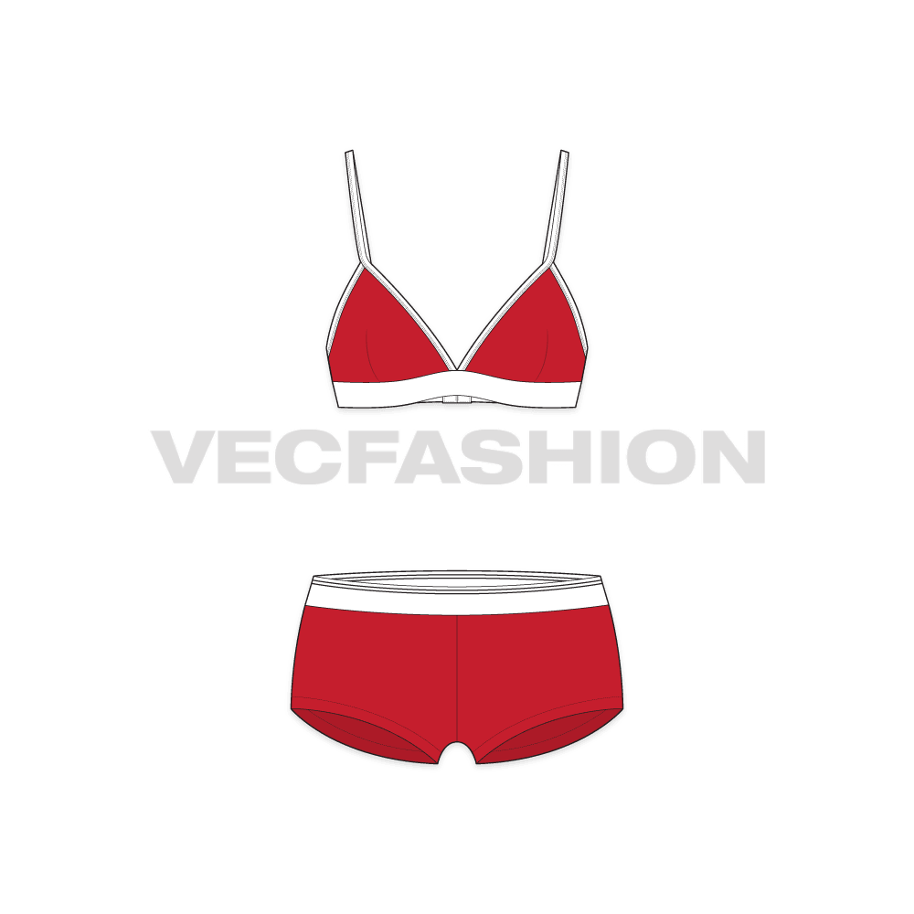 Womens athletic underwear set flat sketch, front view