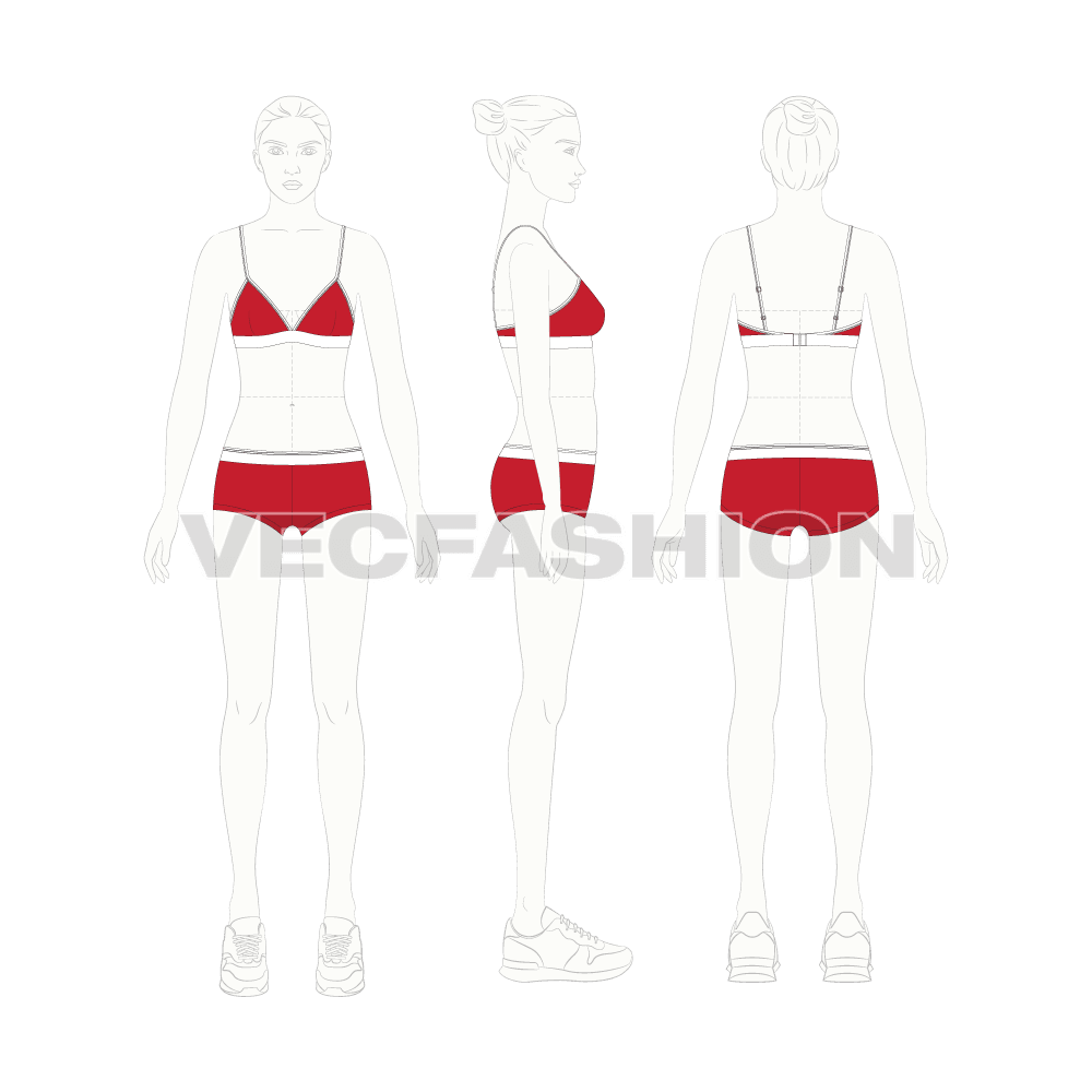 Womens athletic underwear set flat sketch, croqui sketch