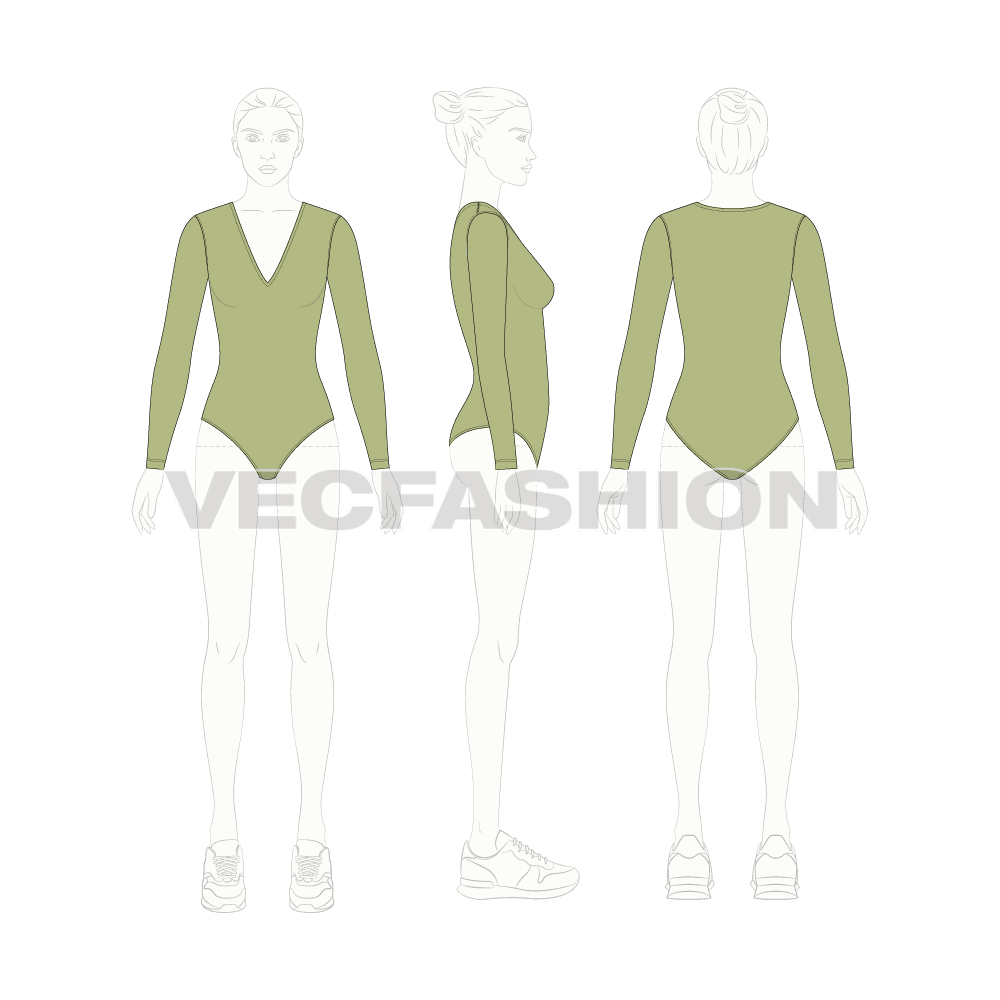 Womens ballet bodysuits set flat sketch, croqui sketch