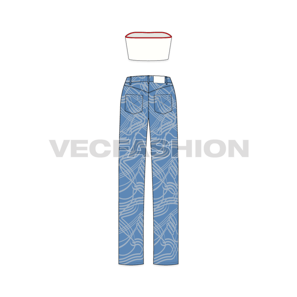 Womens bandeau top with denim jeans flat sketch, back view