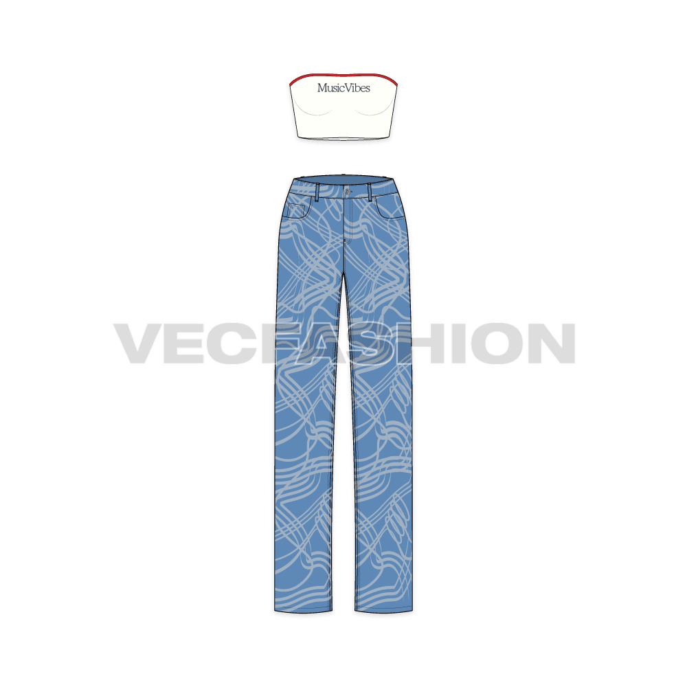 Womens bandeau top with denim jeans flat sketch, front view
