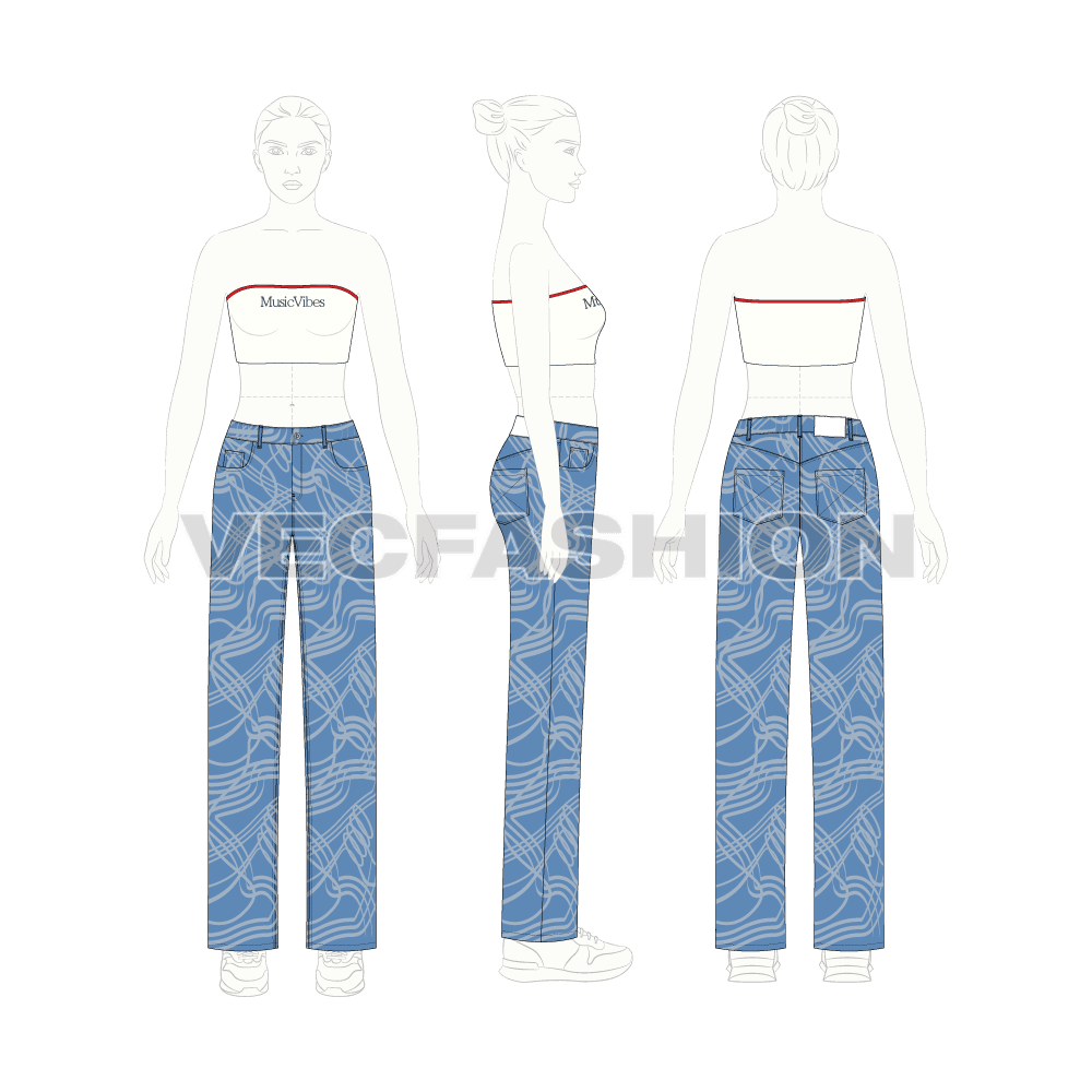 Womens bandeau top with denim jeans flat sketch, croqui sketch