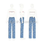 Womens bandeau top with denim jeans flat sketch, croqui sketch
