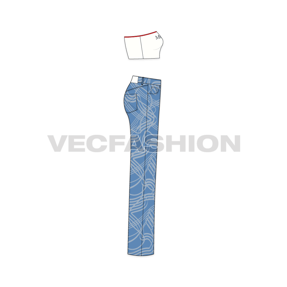 Womens bandeau top with denim jeans flat sketch, side view