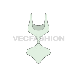 A vector template for Women's Barbuda Cut-out Swimsuit. It is colored in mint green  with front, back and side view and easy to edit.