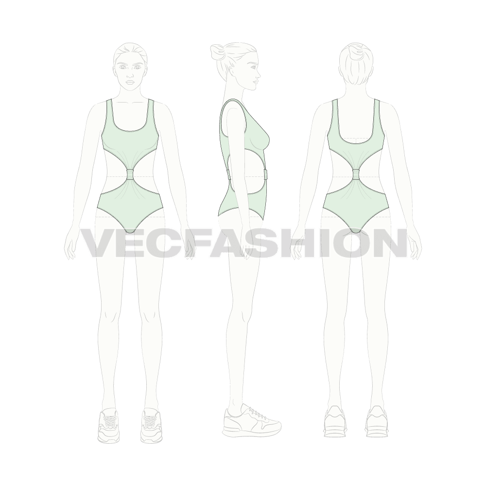 Womens barbuda cut-out swimsuit flat sketch, croqui sketch