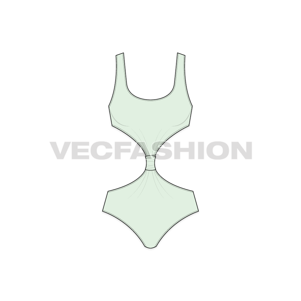 A vector template for Women's Barbuda Cut-out Swimsuit. It is colored in mint green  with front, back and side view and easy to edit.