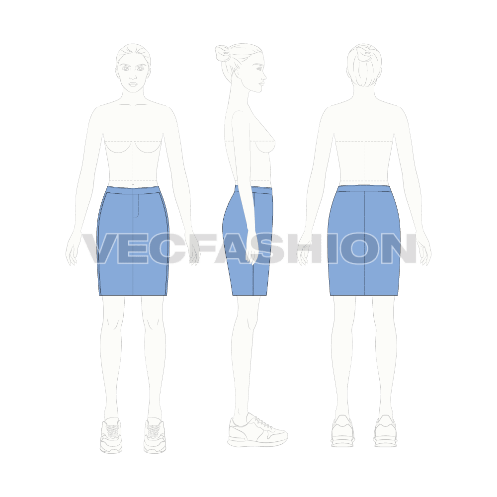 Womens basic and straight skirt set flat sketch, sky blue color on croqui 