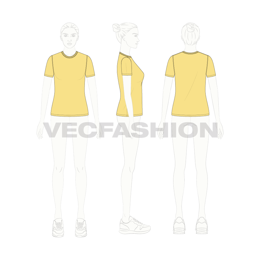 Womens basic cotton t-shirt flat sketch, croqui sketch