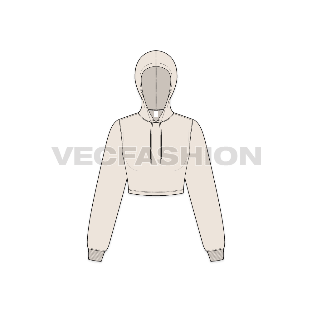 Womens basic crop hoodie flat sketch, front view