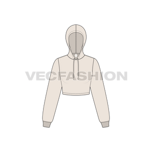 A vector illustrator sketch template of Women's Basic Crop Hoodie. It is illustrated with Front, Side and Back view. It is a pullover hoodie and have ribbed cuffs on sleeves.