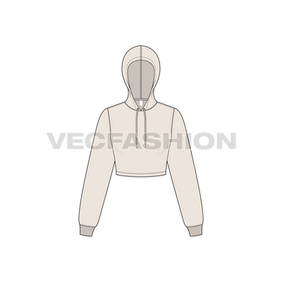 A vector illustrator sketch template of Women's Basic Crop Hoodie. It is illustrated with Front, Side and Back view. It is a pullover hoodie and have ribbed cuffs on sleeves.